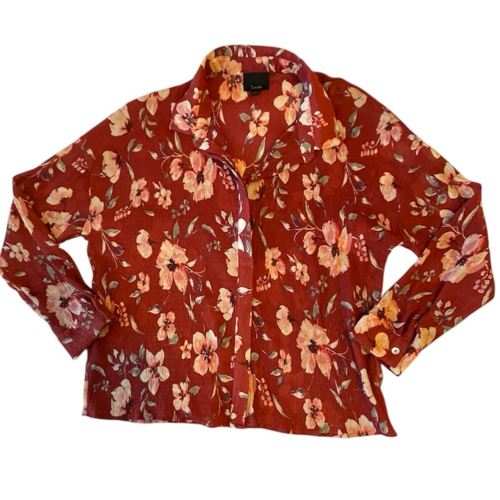 Lumiete Brick Red Floral Plisse Blouse Sz M